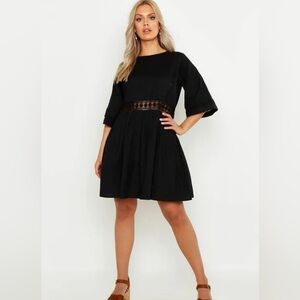 Boohoo Black Mini Linen Dress with Crochet Detail NWT